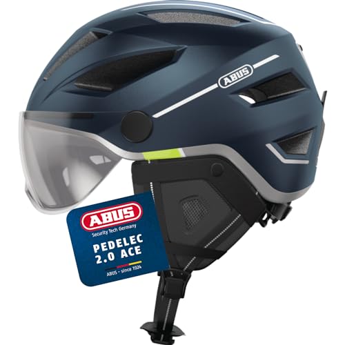 ABUS Stadthelm Pedelec 2.0 ACE - Fahrradhelm mit Rücklicht, Visier, Regenhaube, Ohrenschutz - für Damen und Herren - Blau Matt, Größe M im Sale