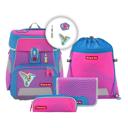 Step by Step Schulranzen-Set SPACE NEON Kolibri Kaja, 5-teilig, rosa-blau, ergonomischer Tornister mit Reflektoren, höhenverstellbar mit Hüftgurt, ab der 1. bis 4. Klasse, 20l im Sale