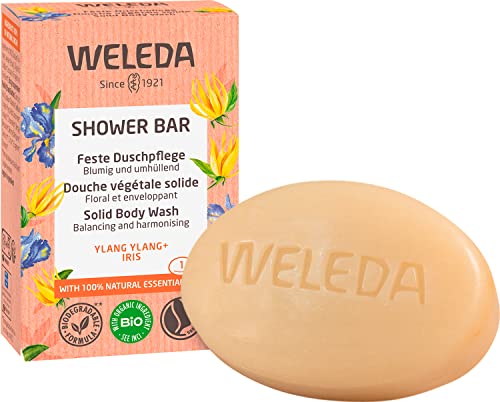 WELEDA Bio Festes Duschgel Ylang Ylang & Iris – feste Naturkosmetik Dusche mit Bio Sheabutter & blumigem Duft. Natürliche Shower Bar Seife für Männer & Frauen. 100% Vegan & Plastikfrei (1x 75g)