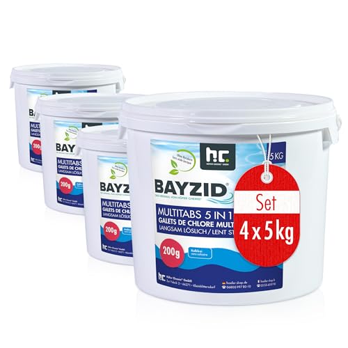 BAYZID Chlor Multitabs 5 in 1-200g Chlortabletten für Pool - 4 x 5kg - 5-Phasen Pflege & Reinigung - Made in Europe - Für kristallklares Poolwasser