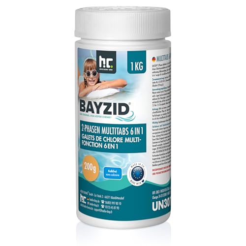 1 kg Bayzid Chlor Multitabs 6 in 1-200g Chlortabletten - 2 Phasen Wirkung zur Schockchlorung & Langzeitpflege - Desinfektion, Algenverhütung, Trübungsentfernung, Kalkvermeidung, pH-Wert