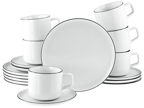 CreaTable, 21965, Serie Chef Collection Black Line, 18-teiliges Geschirrset für 6 Personen, Kaffeeservice aus Porzellan, spülmaschinen- und mikrowellengeeignet, Made in Europe im Sale