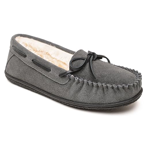 Minnetonka Damen Camp Tie Moc – Indoor/Outdoor gemütliche Hausschuhe mit strapazierfähiger Sohle, Dunkelgrau, 39 EU im Sale