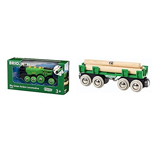 BRIO World 33593 Grüner Gustav elektrische Lok – Batterie-Lokomotive mit Licht & Sound – Kleinkinderspielzeug empfohlen ab 3 Jahren & 33696 - Langholzwagen