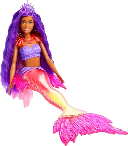 Barbie Mermaid Power, Meerjungfrau Barbiepuppe, Schwarze Barbiepuppe mit rosa und lila Haaren, Meerjungfrauenschwanz mit austauschbaren Flossen, Zubehör, Geschenk für Kinder ab 3 Jahre,HHG53 im Sale