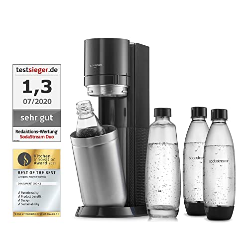 SodaStream Wassersprudler DUO Umsteiger ohne CO2-Zylinder, 1x 1L Glasflasche und 3x 1L spülmaschinenfeste Kunststoff-Flasche, Höhe: 44cm, Farbe: Titan im Sale