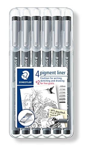 STAEDTLER Fineliner pigment liner, schwarz, Set mit 6 Linienbreiten, Promotion 4 + 2 gratis, hohe Qualität Made in Germany, Pigmenttinte, dokumentenecht, lichtbeständig, 308 SB6P