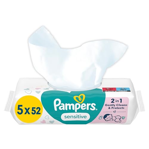 Pampers Sensitive Feuchttücher 5 Packungen mit 52 Stück - 260 Feuchttücher, ohne Duft, für eine sanfte und weiche Reinigung im Sale