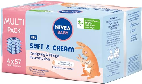 NIVEA BABY Soft & Cream Feuchttücher, Baby Feuchttücher zur sanften Reinigung empfindlicher Babyhaut, hypoallergene Feuchttücher für Babys mit Mandelöl und Vitaminen (4 x 57 Stück) im Sale