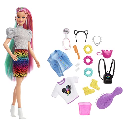 Barbie-Puppe Leopard mit regenbogenfarbenen Haaren, Barbie-Puppe mit blonden und regenbogenfarbenen Haaren, Barbie-Kleidung, Barbie-Accessoires, 16 Teile, 1 Barbie-Puppe inklusive,GRN81 im Sale