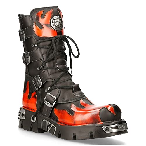 New Rock 591-S1 Stiefel Rotes Flammen Metallisches Schwarzes Leder Gote Punk Biker Fashion 36 im Sale