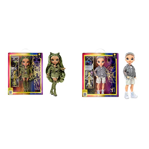 Rainbow High Modepuppe – Olivia Woods - Camo Grün Puppe von 4-12 Jahren & Modepuppe – Aidan Russel - Lila Junge Puppe – Modisches Outfit & 10+ Bunte Spiel-Accessoires - von 4-12 Jahren