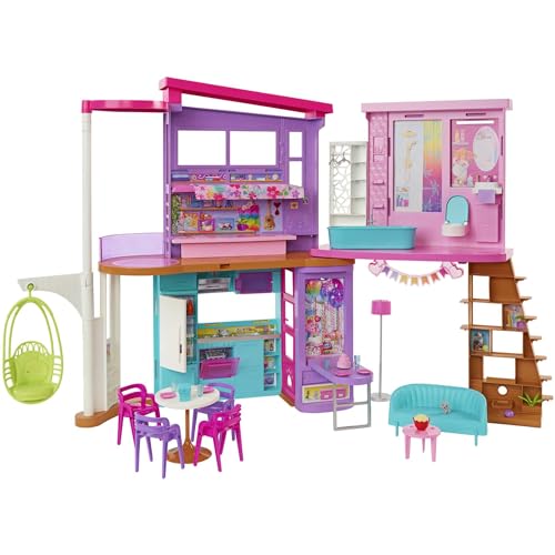 Barbie HCD50 - Malibu Ferien-Haus (klappbar), Puppenhaus mit Möbeln und diversen Zubehör-Teilen, Spielzeug für Kinder ab 3 Jahren