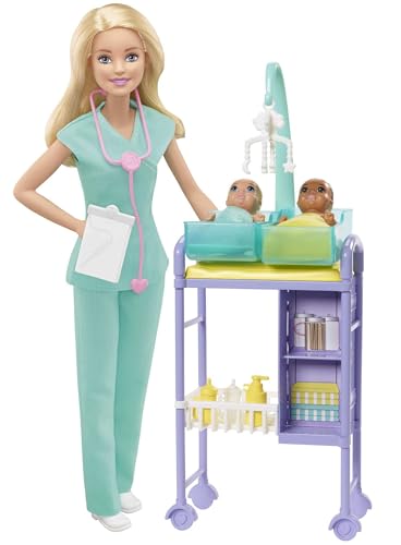 Barbie You Can Be Anything Serie, Baby Doctor, Barbie-Puppe mit blondem Haar, zwei Babys, Arztkleidung, Barbie-Zubehör, 3 Barbie-Puppen enthalten, Geschenk für Kinder, Spielzeug ab 3 Jahre,GKH23 im Sale