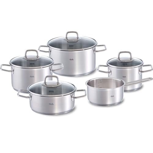 Fissler Viseo / Edelstahl-Topfset, 5-teilig, Kochtopf-Set, Töpfe mit Glas-Deckel, Induktion, alle Herdarten (3 Kochtöpfe, 1 Bratentopf, 1 Stielkasserolle-deckellos) im Sale