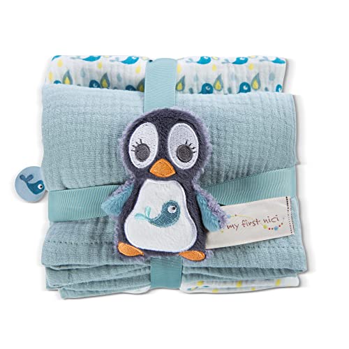 NICI Set Pinguin Watschili: 2X weiches Mulltuch 60x60 cm + 1x Flauschiger Baby-Greifling 10 cm–Schmusetücher & Baby-Kuscheltier ab 0+ Monaten–Schnuffeltuch/Schmusetier für Mädchen & Jungen, 48048 im Sale