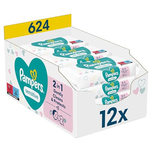 Pampers Sensitive Feuchttücher 12 Packungen mit 52 Stück - 624 Feuchttücher, ohne Duft, für eine sanfte und weiche Reinigung im Sale