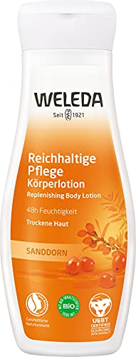 WELEDA Bio Sanddorn Bodylotion - Naturkosmetik Körperpflege Lotion mit Arganöl & Sesamöl spendet bis zu 48h intensive Feuchtigkeit. Natürliche Körperlotion zur Pflege von trockener Haut (vegan, 200ml) im Sale