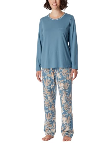 Schiesser Damen Schlafanzug Set lang Baumwolle Modal-Nightwear Pyjamaset, blaugrau_181237, 52 im Sale