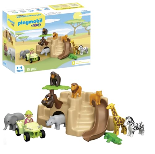 PLAYMOBIL 1.2.3 71594 Wildtier Abenteuer, vielfältiges Spielset mit verschiedenen Tieren, Quad und Rutsche, Lernspielzeug für Kleinkinder, Spielzeug für Kinder ab 12 Monaten [Exklusiv bei Amazon] im Sale