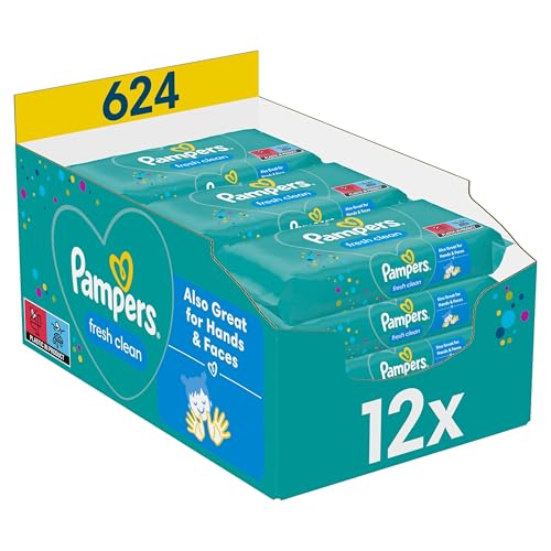 Pampers Fresh Clean Feuchttücher 1 Packungen mit 52 Stück - 624 Feuchttücher, milder Duft, auch für Hände und Gesicht geeignet im Sale