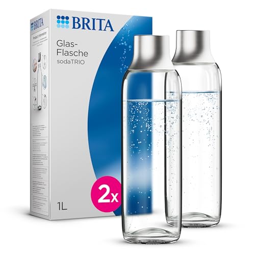 BRITA Glasflasche für sodaTRIO Wassersprudler (1l), 2er Pack Ersatzflaschen – leichte, elegante Wasserflaschen aus Glas im Duo-Pack / Sprudlerflaschen mit Verschluss aus poliertem Edelstahl