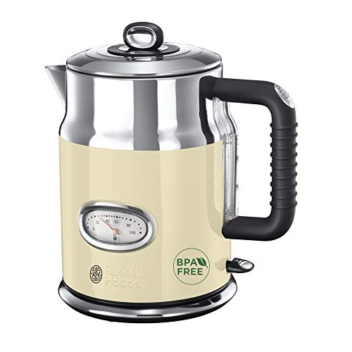 Russell Hobbs Wasserkocher [1,7l, 2400W] Retro Creme & poliertet Edelstahl (Schnellkochfunktion, Wassertemperaturanzeige im Retrodesign, außenliegende Wasserstandsanzeige) Vintage Teekocher 21672-70 im Sale