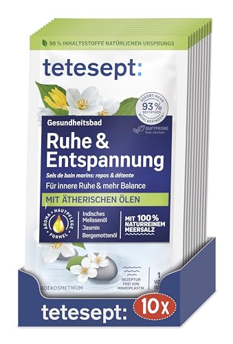 tetesept Meersalz Ruhe & Entspannung – Gesundheitsbad für ein Gefühl innerer Ruhe mit ätherischen Ölen – Wohltuender Badezusatz mit natürlichem Meeressalz – 10 x 80 g