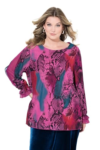 MIAMODA Damen große Größen Übergrößen Plus Size Bluse, Mesh mit Alloverdruck, weiter Langarm Dunkles Petrol 48 836328751-48 im Sale