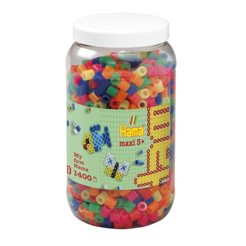 Hama Perlen 8542 Bügelperlen Dose mit ca. 1.400 bunten Maxi Bastelperlen mit Durchmesser 10 mm im Neon Mix, kreativer Bastelspaß für Groß und Klein