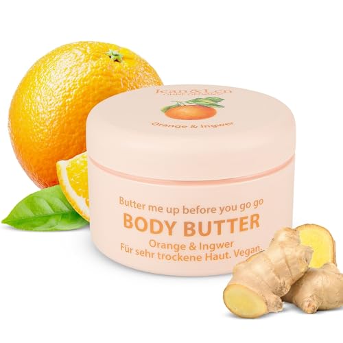 Jean & Len Body Butter Orange & Ingwer, versorgt die Haut ausreichend mit Feuchtigkeit, zartschmelzende Textur, erfrischend-würziger Duft, vegane Formulierung, ohne Parabene & Silikone, 200 ml