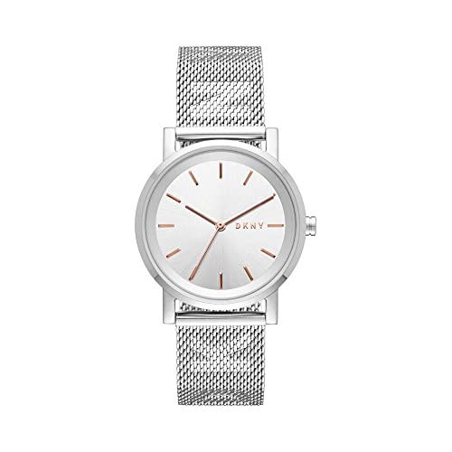 DKNY Damenuhren Soho, Dreizeigeruhrwerk, 34mm Silbernes Edelstahlgehäuse mit Edelstahlarmband, NY2620