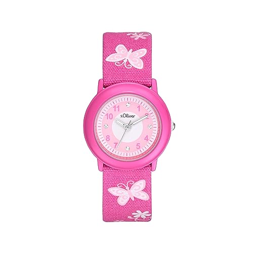 s.Oliver Armbanduhr Mädchen Kinder Quarzuhr Analog, mit Textil Armband, Pink, 3 bar Wasserdicht, Kommt in Uhren Geschenk Box, 2036748 im Sale