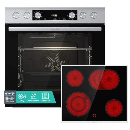 Gorenje Einbauherd-Set Heißluft Inox Set 4 mit Glaskeramik-Kochfeld / 77 Liter / ExtraSteam / GentleClose & Open / EcoClean / AirFry / PizzaMode / PerfectGrill / Teleskopauszüge / Inox-Look im Sale