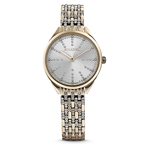 Swarovski Attract Uhr, Edelstahl Damenuhr mit Goldfarbenem Gehäuse, Weißem Zifferblatt, Swarovski Kristallen und Metallarmband im Sale