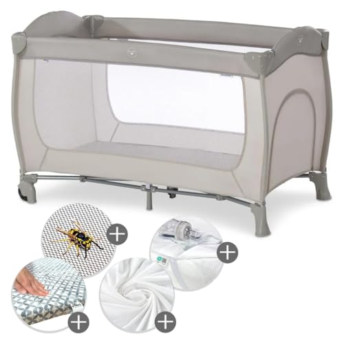 hauck Baby Reisebett Sleep N Play Go Plus -Sparset mit Matratze, Insektenschutz, Betteinlage & Spannbettlaken - faltbares Kinder Babyreisebett mit Tasche - Beige im Sale