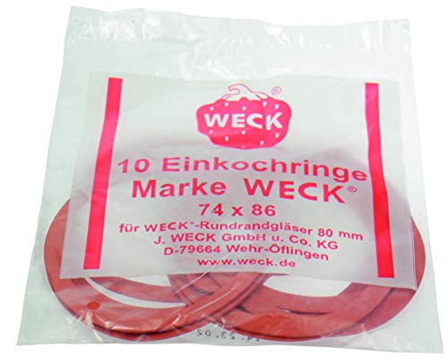 Weck 6446 Gummiringe 74 x 86; Hochwertige Dichtungsringe; geeignet für Weck Rundrandgläser 100; zum Verschließen während dem Einkochen / Einwecken; 10 Stück, passend für Deckel Durchmesser 80mm, Rot im Sale