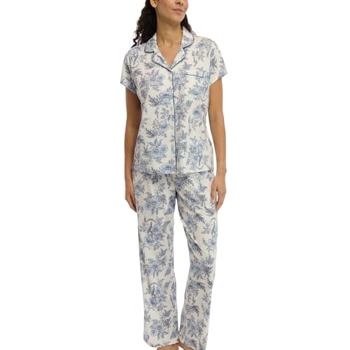 Laura Ashley Women's Pajamas 2 Piece Cotton Blend Notch Collar Button Down PJ Set (US, Alpha, Small, Regular, Regular, Blue Peacock) im Sale