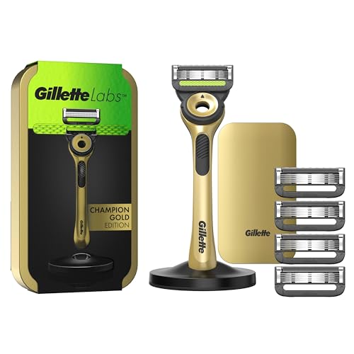 Gillette Labs Champion Gold Edition Nassrasierer Herren, Rasierer mit Reinigungs-Element + 5 Ersatzklingen, Geschenk für Männer, Premium-Magnetdock und Reiseetui