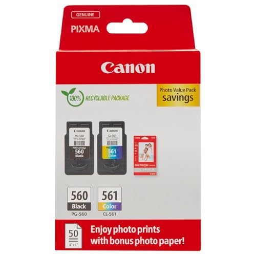 Canon Tinte & Papier Multipack - PG-560/CL-561 Original Drucker-Tintenpatronen 2er-Pack (1 x Schwarz, 1 x Farbe) & 4x6 Fotopapier (50 x Blatt) - Kompatibel PIXMA Druckern im Sale