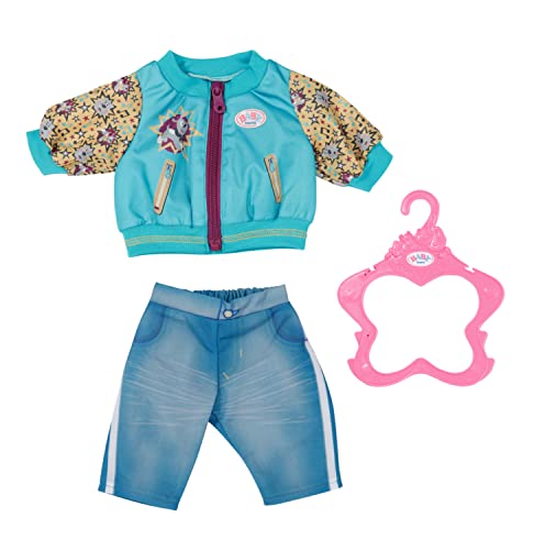 Zapf Creation 833599 BABY born Outfit mit Jacke 43cm - Puppenkleidung Set bestehend aus blauer Jeans-Hose, türkiser Jacke und Kleiderbügel. im Sale