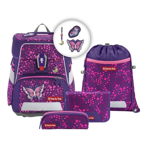 Step by Step Schulranzen-Set Space Shine Butterfly Night Ina, 5-teilig, lila, ergonomischer Tornister mit Reflektoren, höhenverstellbar mit Hüftgurt, ab der 1. bis 4. Klasse, 20l im Sale