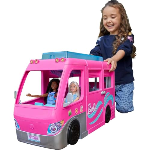 Barbie Super Abenteuer-Camper Fahrzeug, mit 7 Spielbereichen, inkl. Pool und Rutsche, 60+ Barbie-Camping-Zubehörteilen, ohne Barbie Puppe, Geschenk, ab 3 Jahren geeignet, HCD46 im Sale