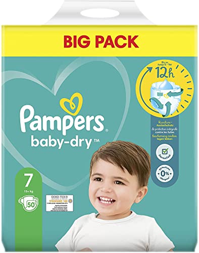 Pampers Baby-Dry Größe 7, bis zu 12 Stunden Rundum-Auslaufschutz, 15kg+, 50 Windeln