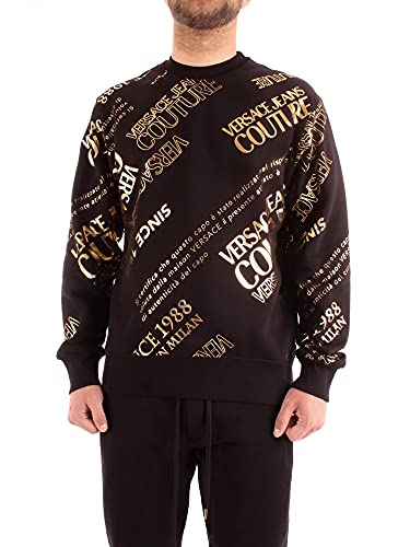 Versace Jeans Couture Allover Logo Print Cotton Black/Gold Sweatshirt, schwarz, Medium im Sale