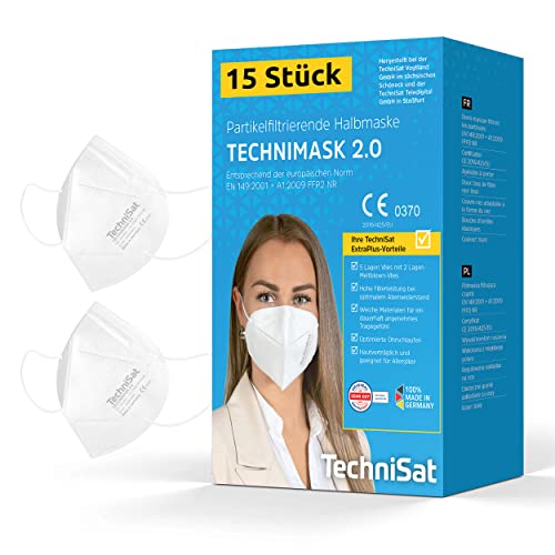 TechniSat TECHNIMASK 2.0 - FFP2 Maske (5-lagige Gesichtsmaske mit hochwertigem Vlies, Mund- und Nasen-Bedeckung, dermatologisch getestet, Made in Germany) Farbe weiß - 15 Stück… im Sale