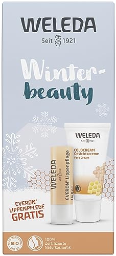 WELEDA Bio Weihnachts-Geschenkset - Naturkosmetik Winter XMAS Geschenk Set bestehend aus Coldream Gesichtscreme und Everon Lippenstift. Hochwertiges Gesichtspflege/Lippenpflege Set zu Weihnachten im Sale