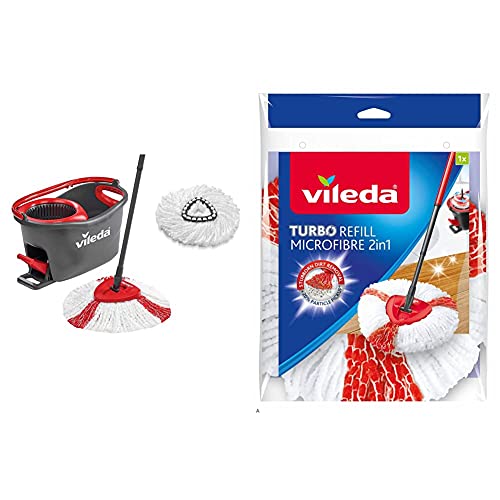 Vileda Turbo Komplett-Set, Wischmop und Eimer sowie extra Classic Ersatzkopf & Turbo 2in1 EasyWring&Clean Wischmop Ersatzkopf Microfaser, Einzelpack im Sale