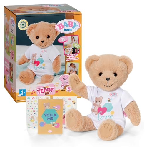 BABY born Singender Teddy, Plüschbär mit Soundfunktion, weißem Strampler und beweglichen Armen und Beinen, für Kinder ab 2 Jahren, singt 5 deutsche Lieder aus der Serie, 837962 Zapf Creation im Sale