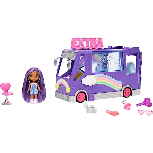 Barbie Extra Mini Minis, Extra Mini Minis Puppe mit Extra Sparkle Tour Bus Van, inkl Zubehör für Schminkstation und Show, Geschenk für Kinder, Spielzeug ab 3 Jahre,HKF84 im Sale